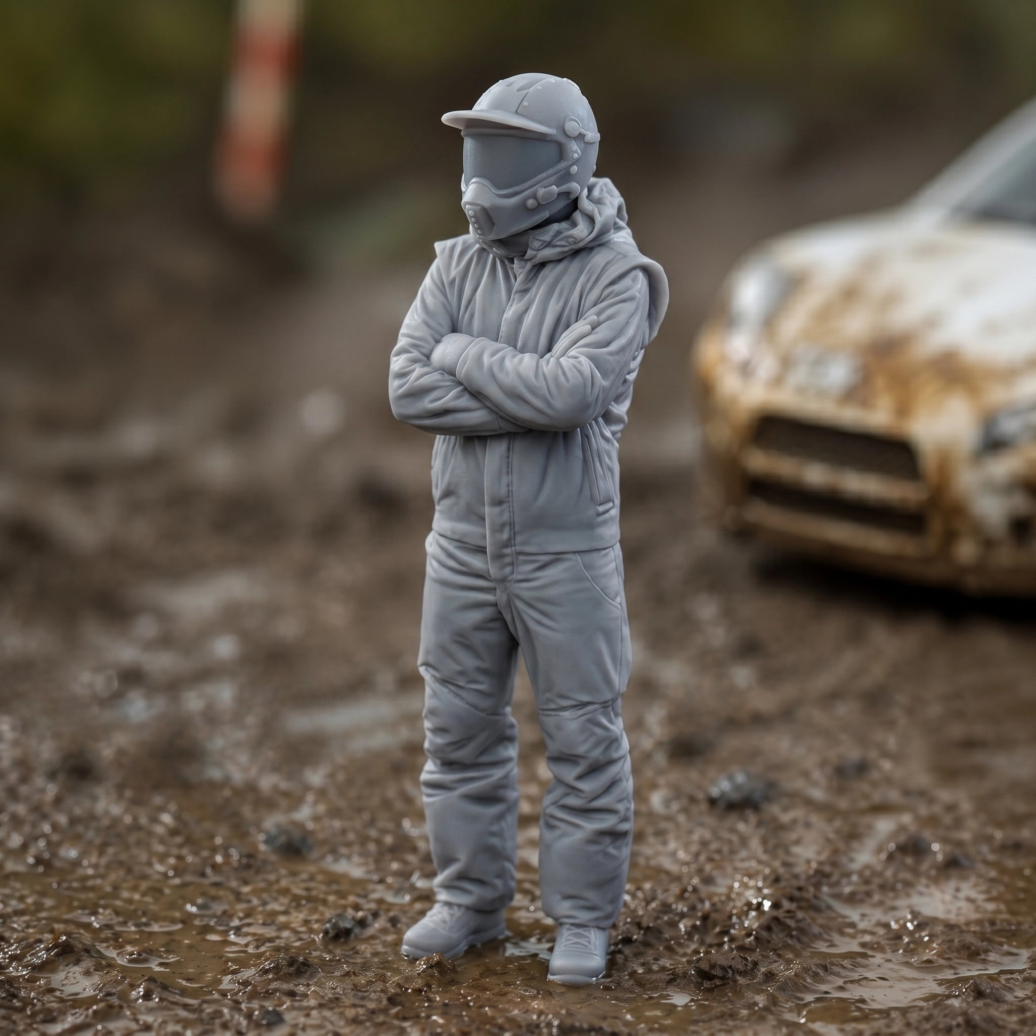 The Rally Cross Contender | Grey Resin Slot Car Diorama Figurine