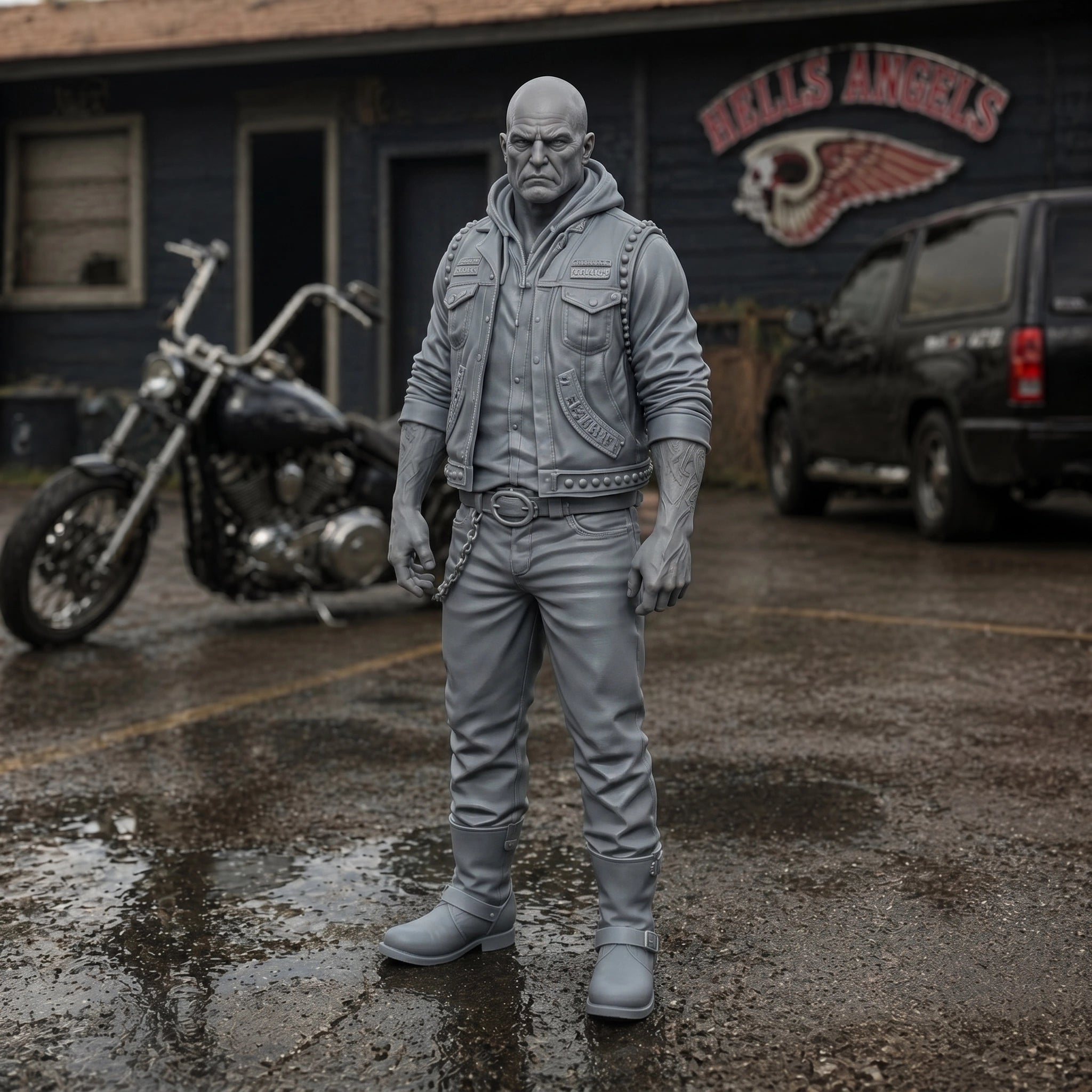 The Outlaw Biker | Grey Resin Diorama Figurine