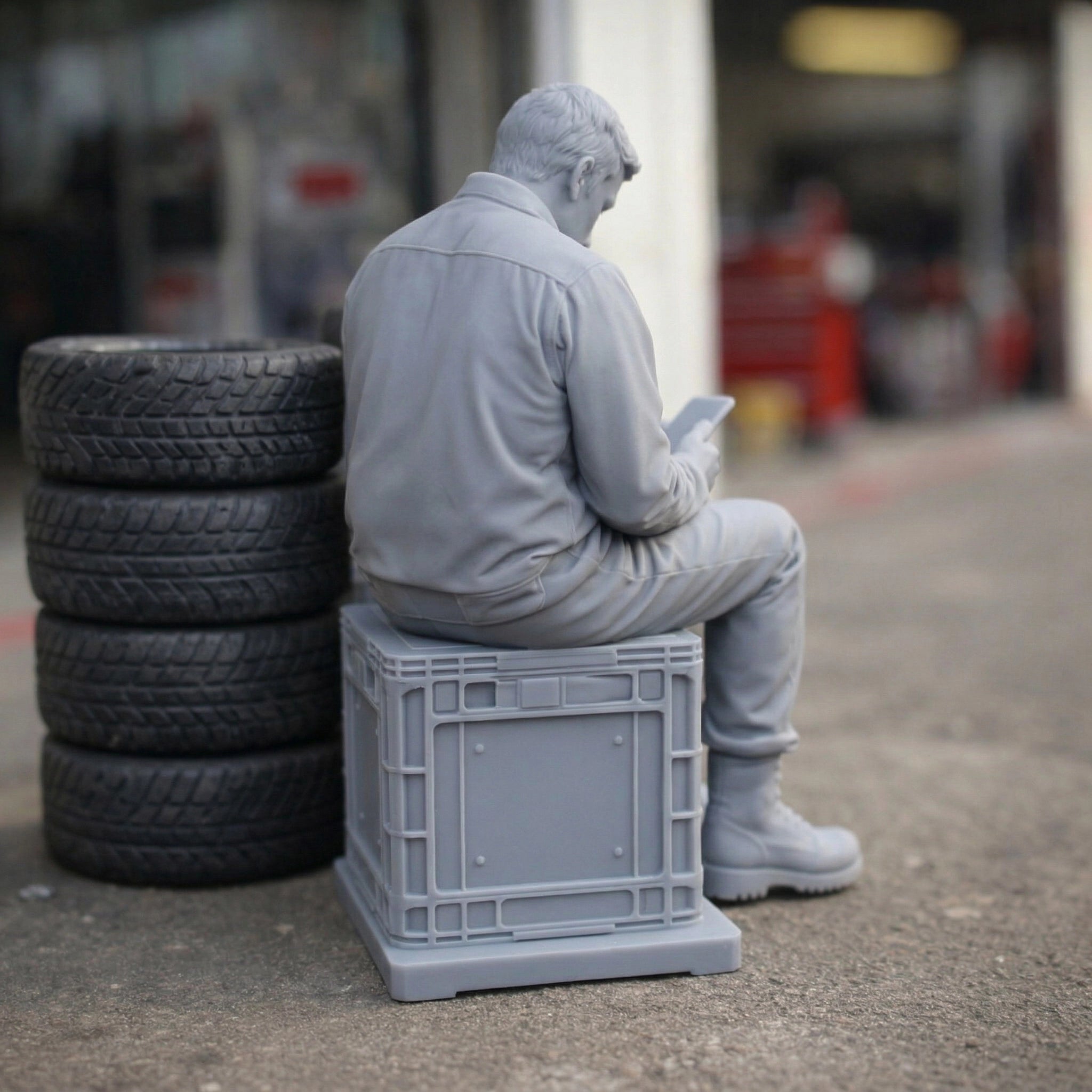 Workman On Break | Grey Resin Generic Diorama Figurine