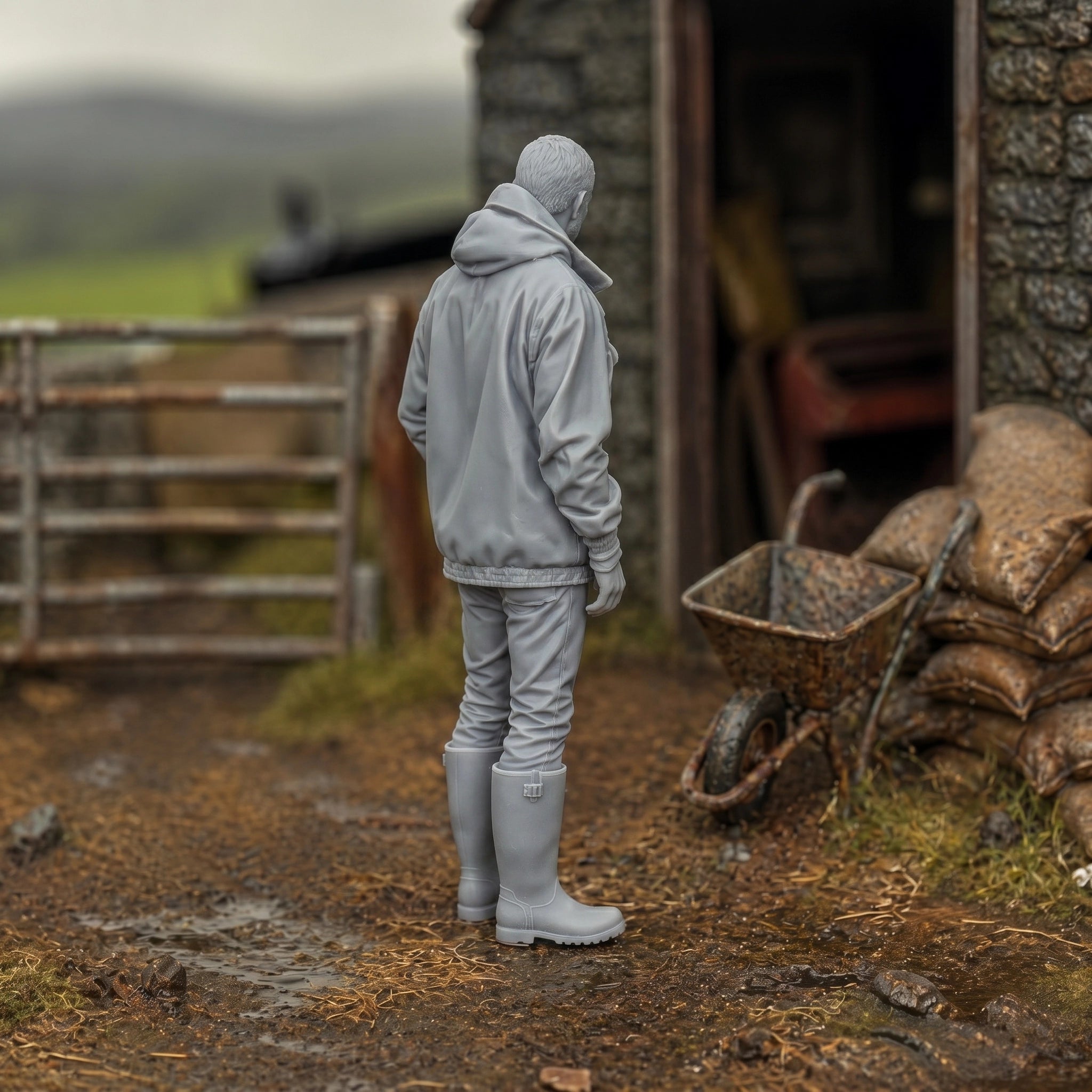 The Hill Farmer | Grey Resin Farm Diorama Figurine