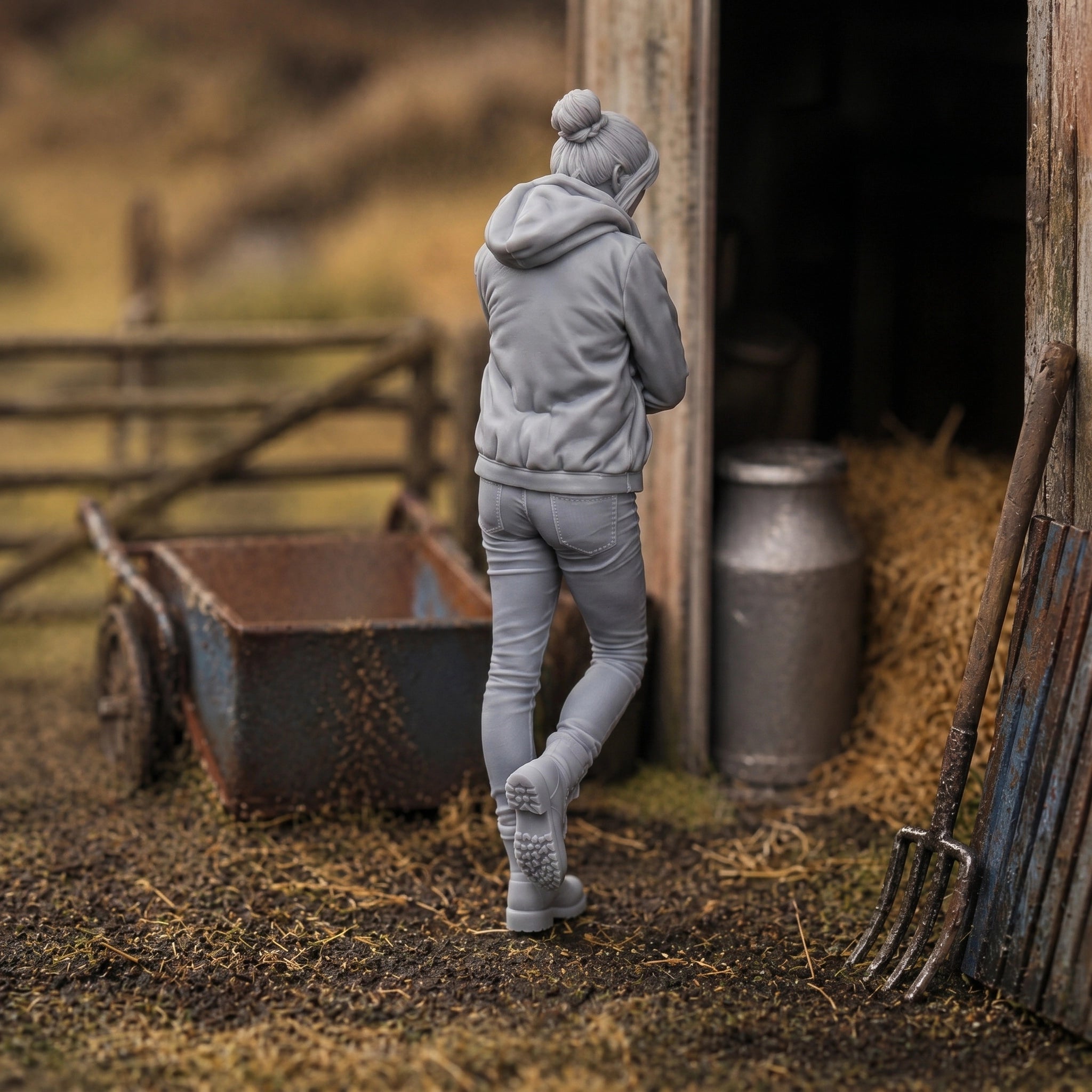 The Modern Farmhand | Grey Resin Farm Diorama Figurine