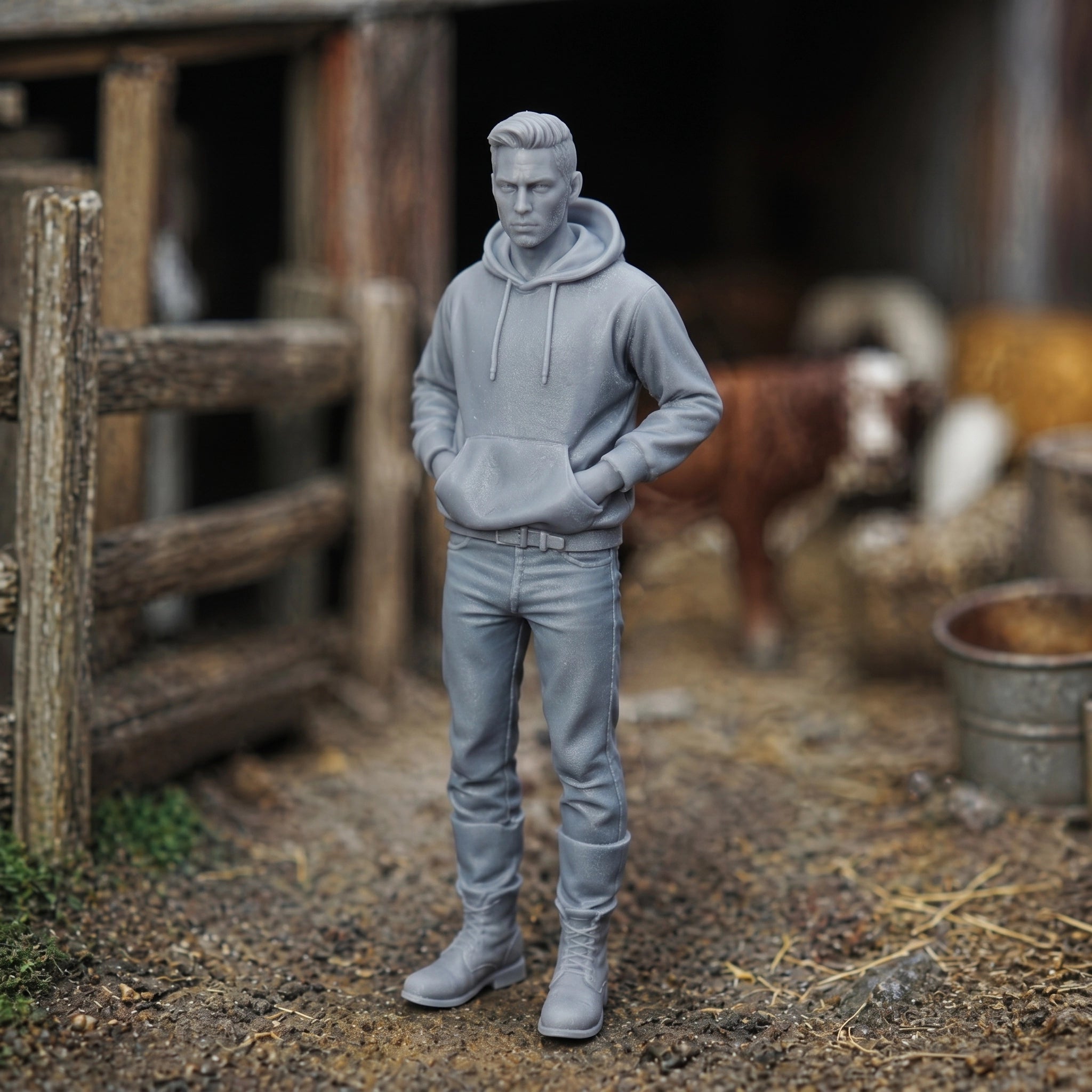 The Modern Male Farmhand | Grey Resin Farm Diorama Figurine