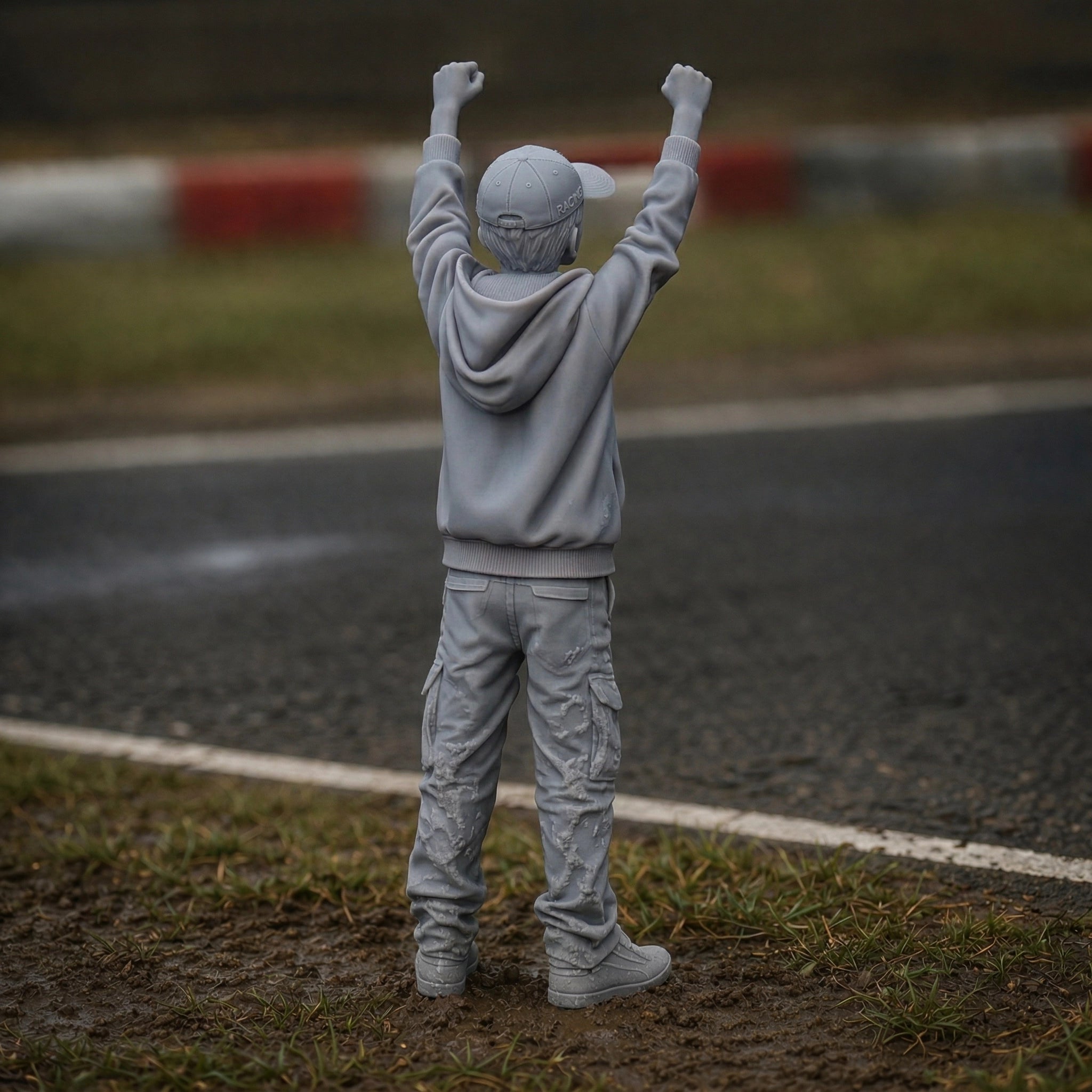 Excitable Young Racing Fan | Grey Resin Diorama Figurine