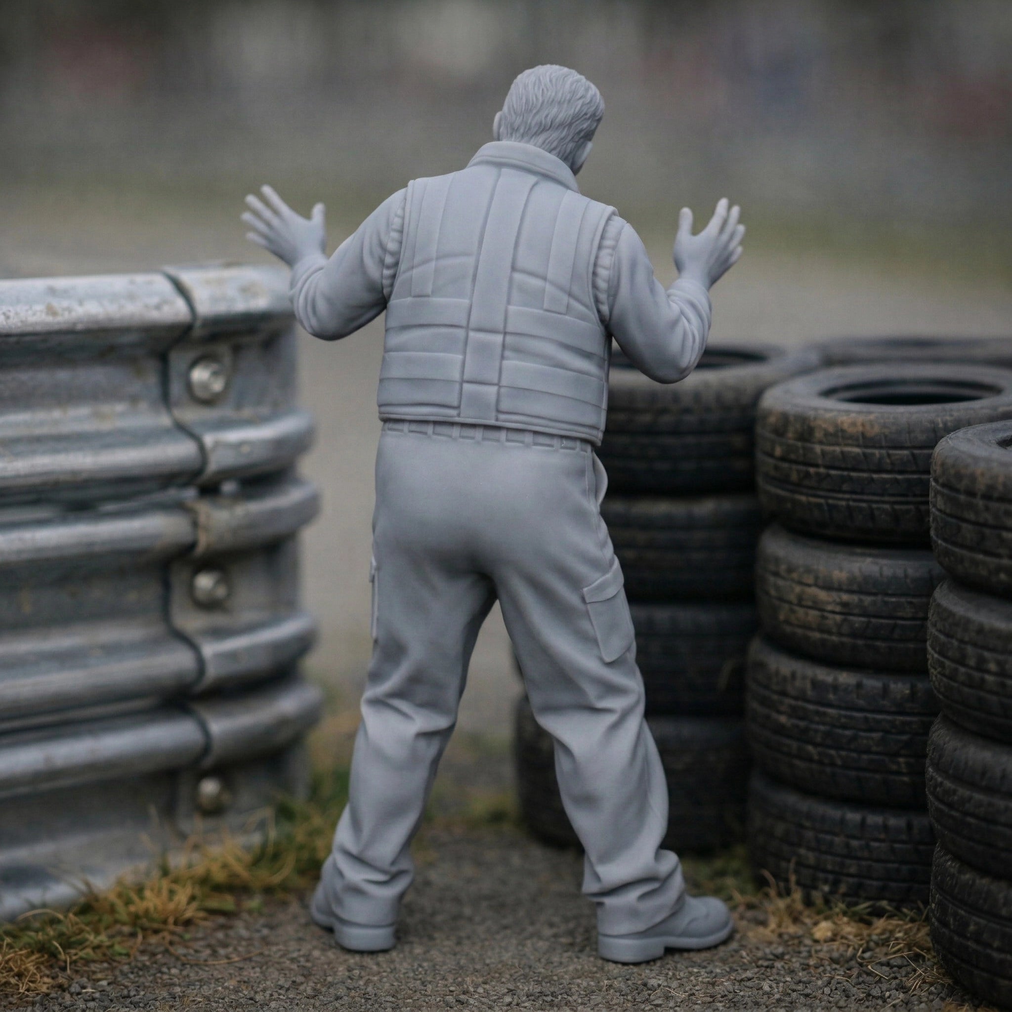 Panicked Race Marshal | Grey Resin Slot Car Diorama Figurine