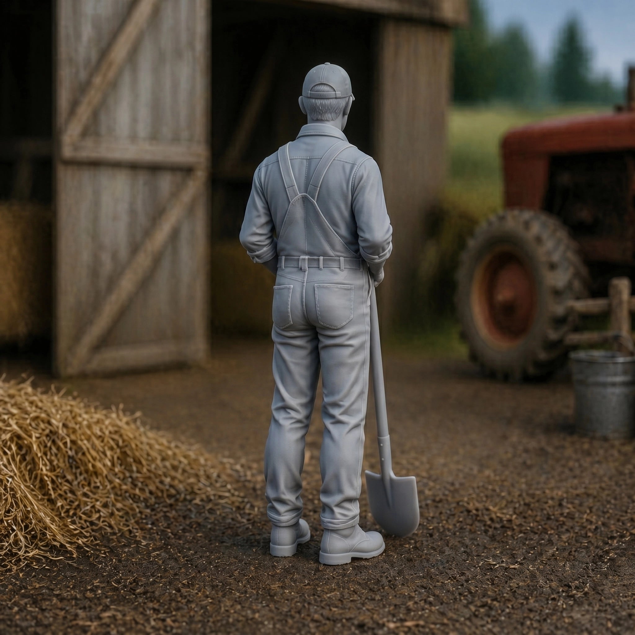 The Barnyard Laborer | Grey Resin Farm Diorama Figurine