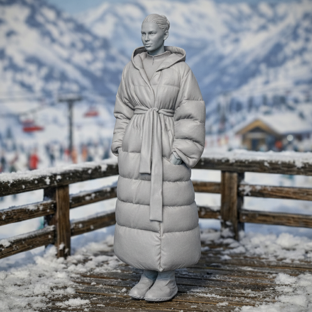 High-Fashion Tourist in Belted Maxi Puffer Coat | Resin Figurine