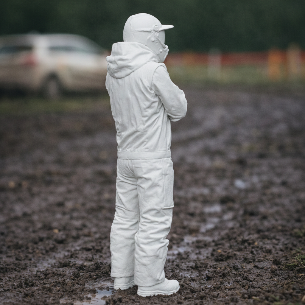 Off-Road Rally Racer in Mud-Splattered Race Suit | Scale Resin Slot Car Diorama Figurine