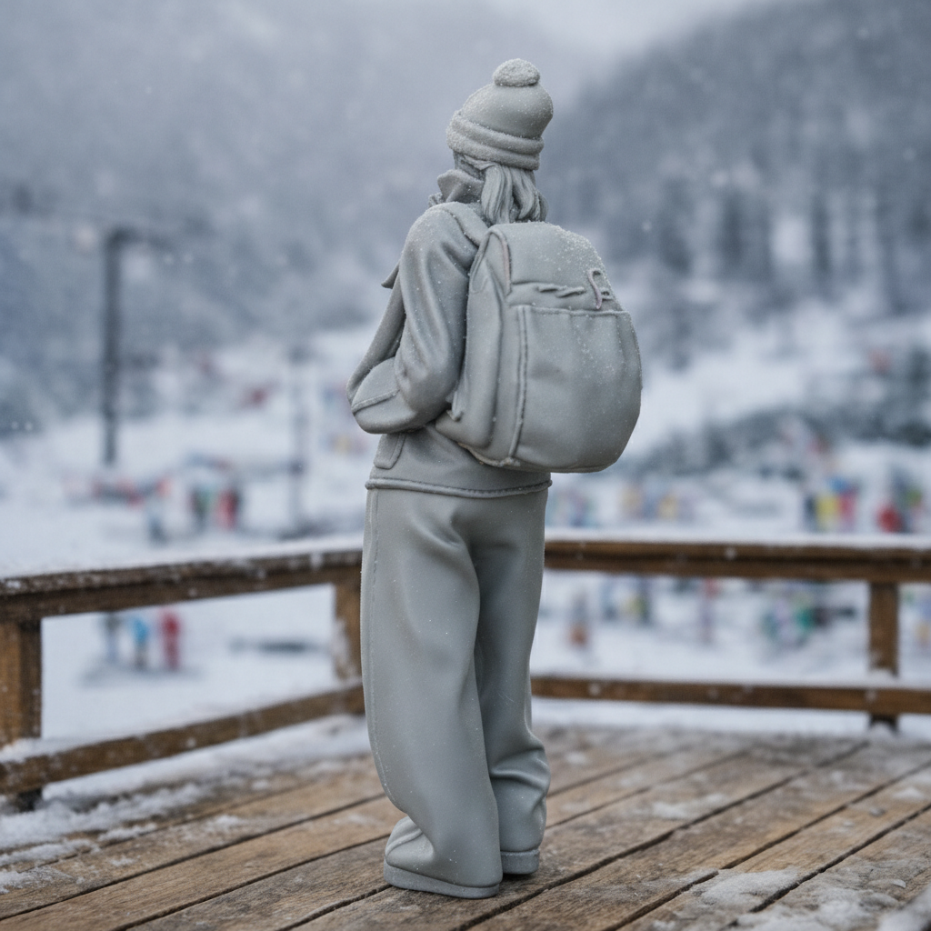 Cosy Alpine Explorer in Oversized Fleece & Wide-Leg Trousers | Resin Figurine