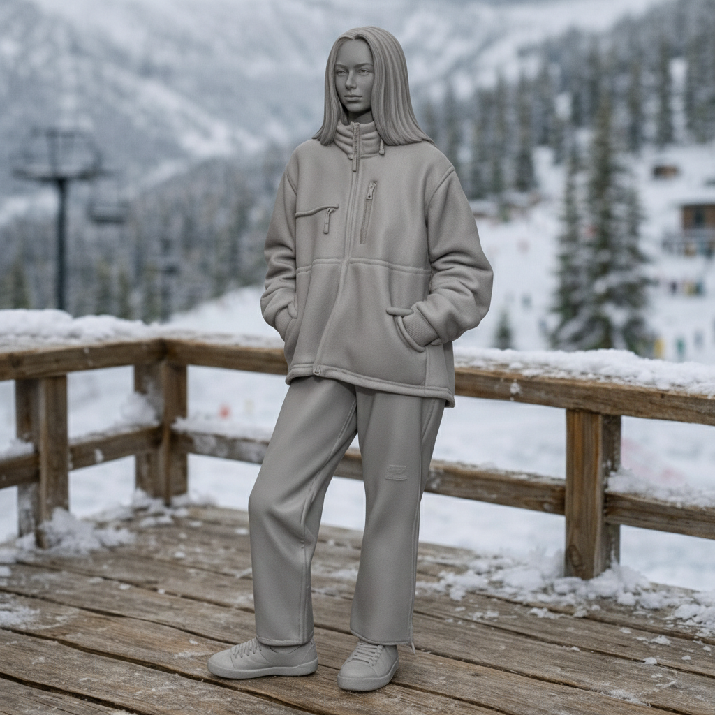 Chic Après-Ski Tourist in Sherpa Fleece & Trousers | Resin Figurine