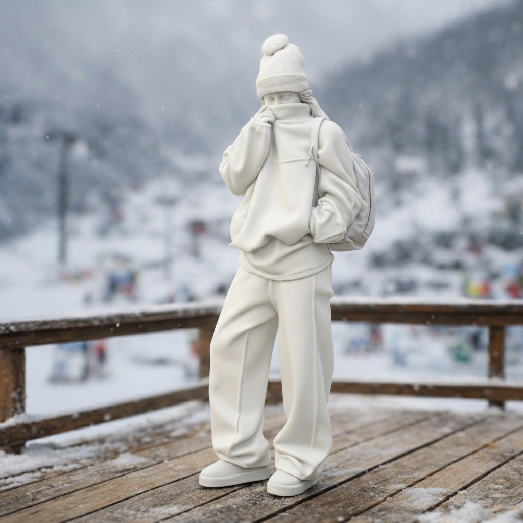 Cosy Alpine Explorer in Oversized Fleece & Wide-Leg Trousers | Resin Figurine