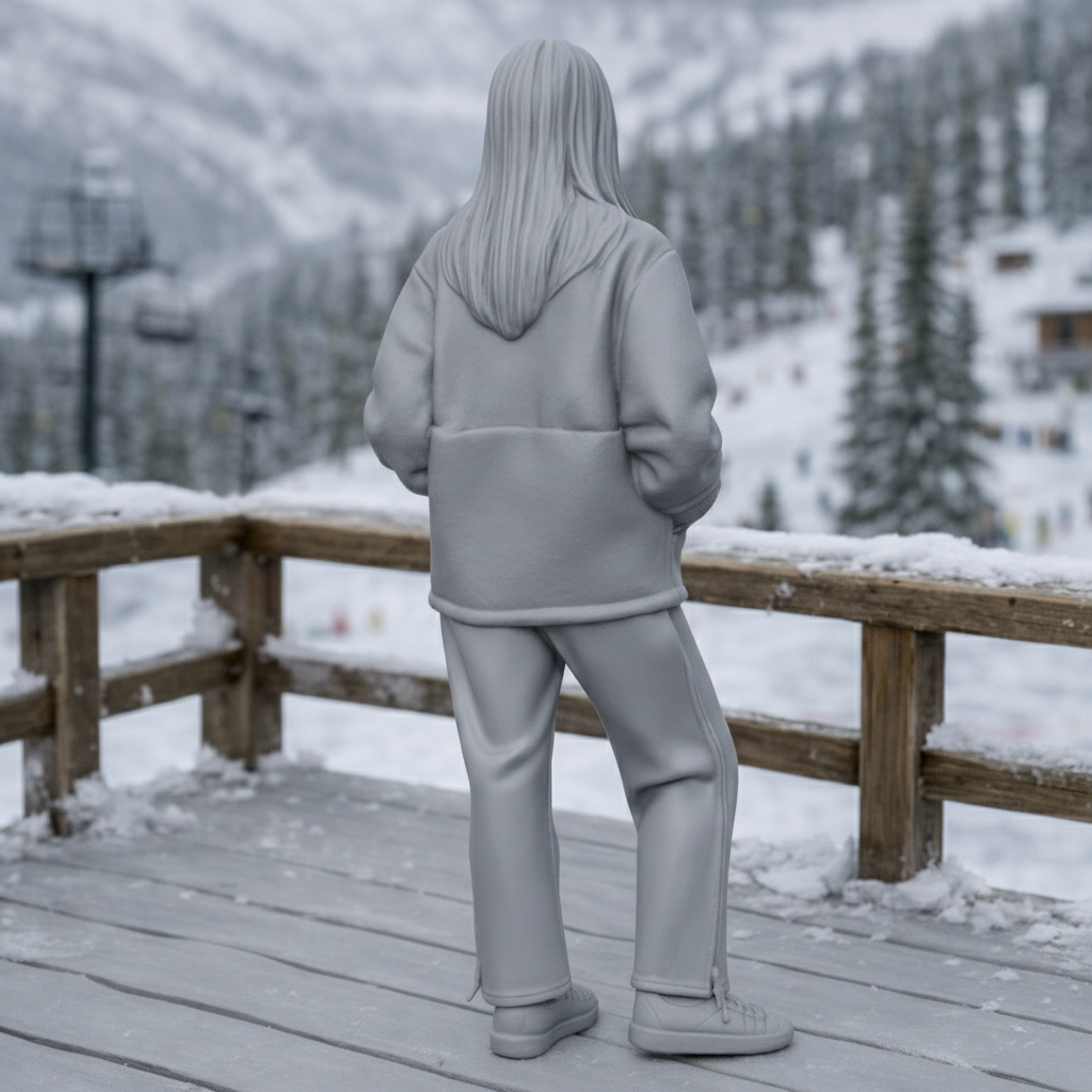 Chic Après-Ski Tourist in Sherpa Fleece & Trousers | Resin Figurine