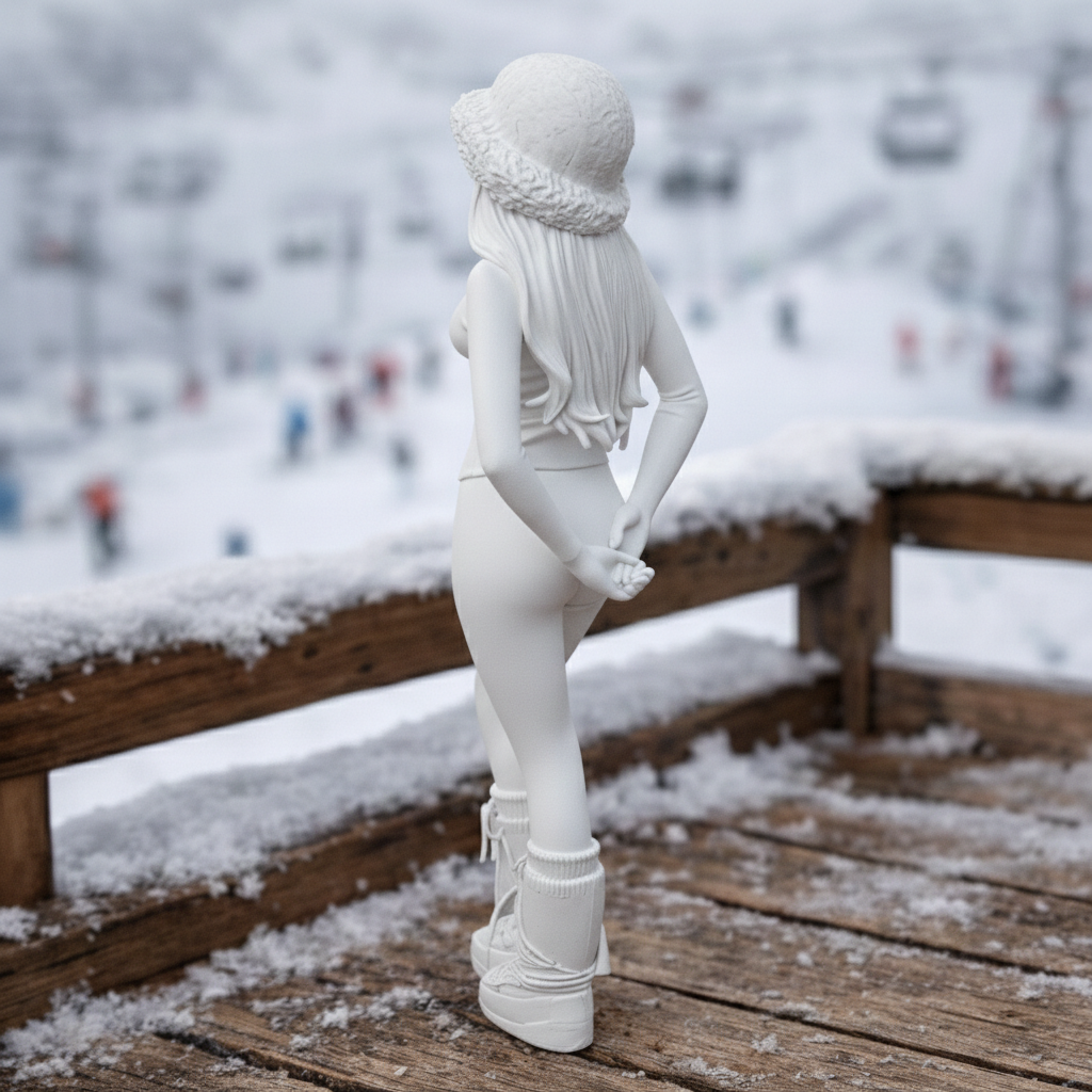 Chic Après-Ski Minimalist in Faux-Fur Bucket Hat | Resin Figurine