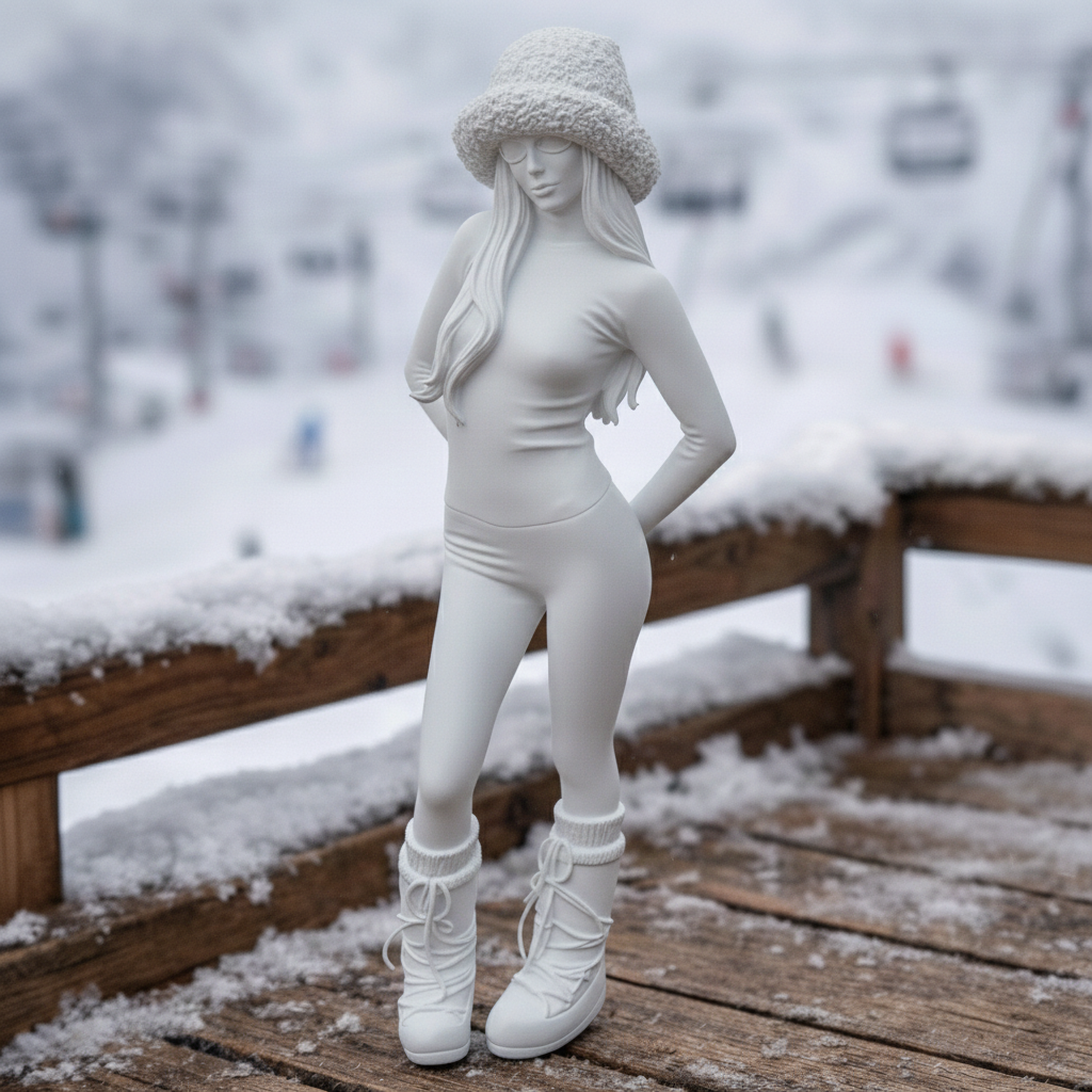 Chic Après-Ski Minimalist in Faux-Fur Bucket Hat | Resin Figurine