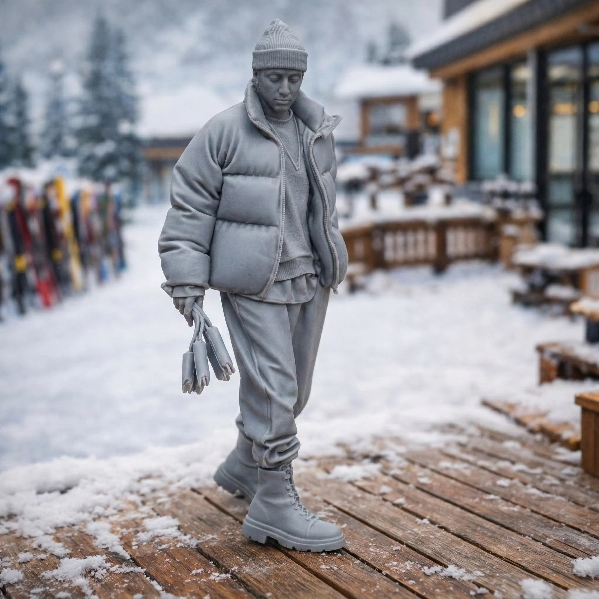 Professional Mountain Coach in Monochromatic Puffer Gear | Resin Figurine