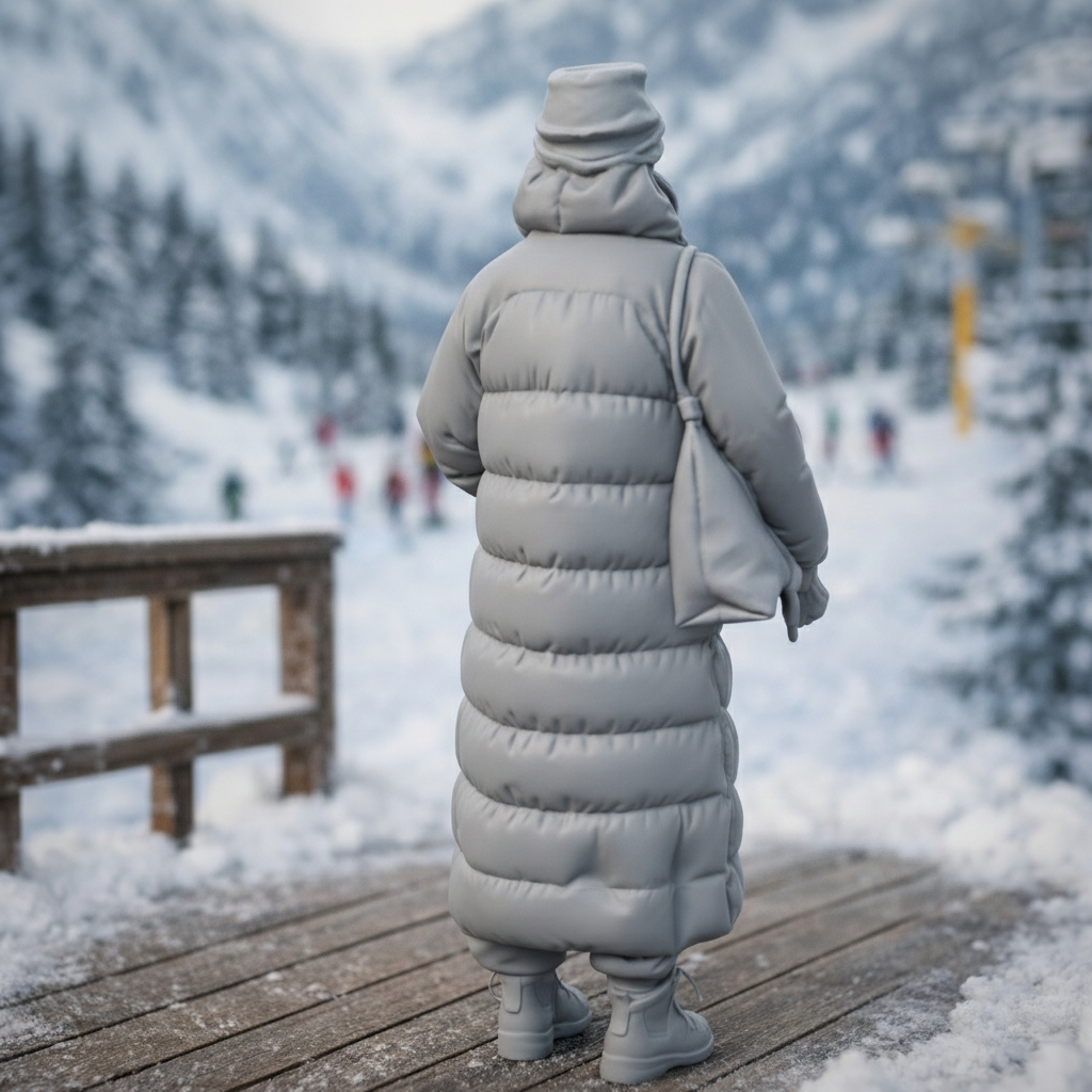 High-Altitude Minimalist in Maxi Puffer & Face Wrap | Resin Figurine