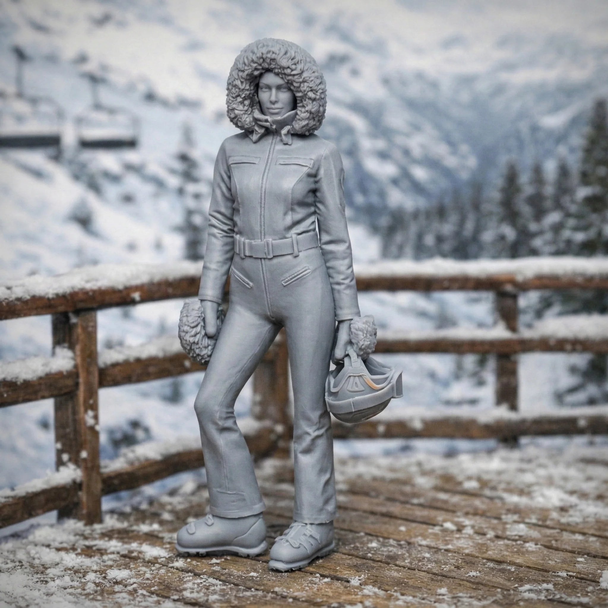 Professional Skier in One-Piece Suit with Fur-Trimmed Hood | Resin Figurine