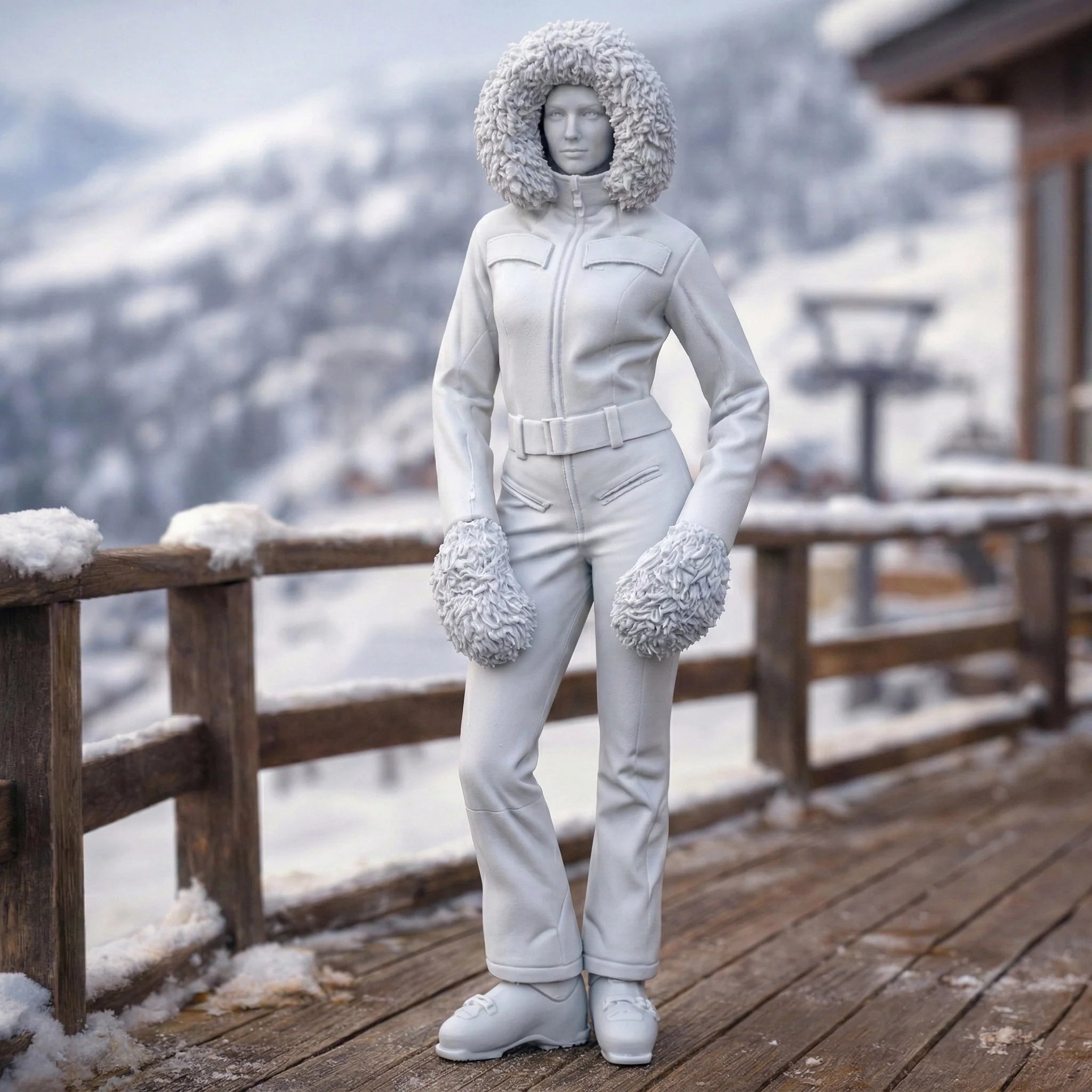 Professional Skier in Belted One-Piece with Fur-Trimmed Hood | Resin Figurine