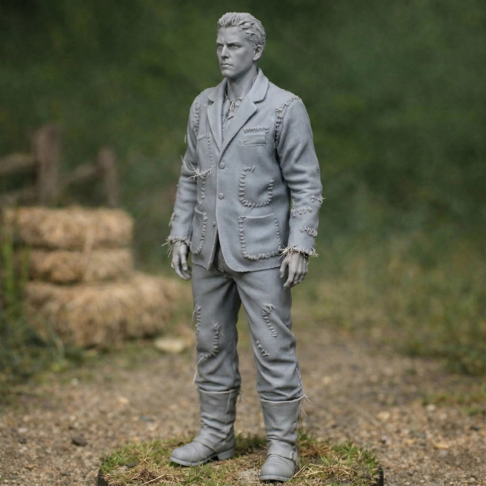 Professional Farmhand in Patched Utility Denim | Scale Resin Farm Diorama Figurine
