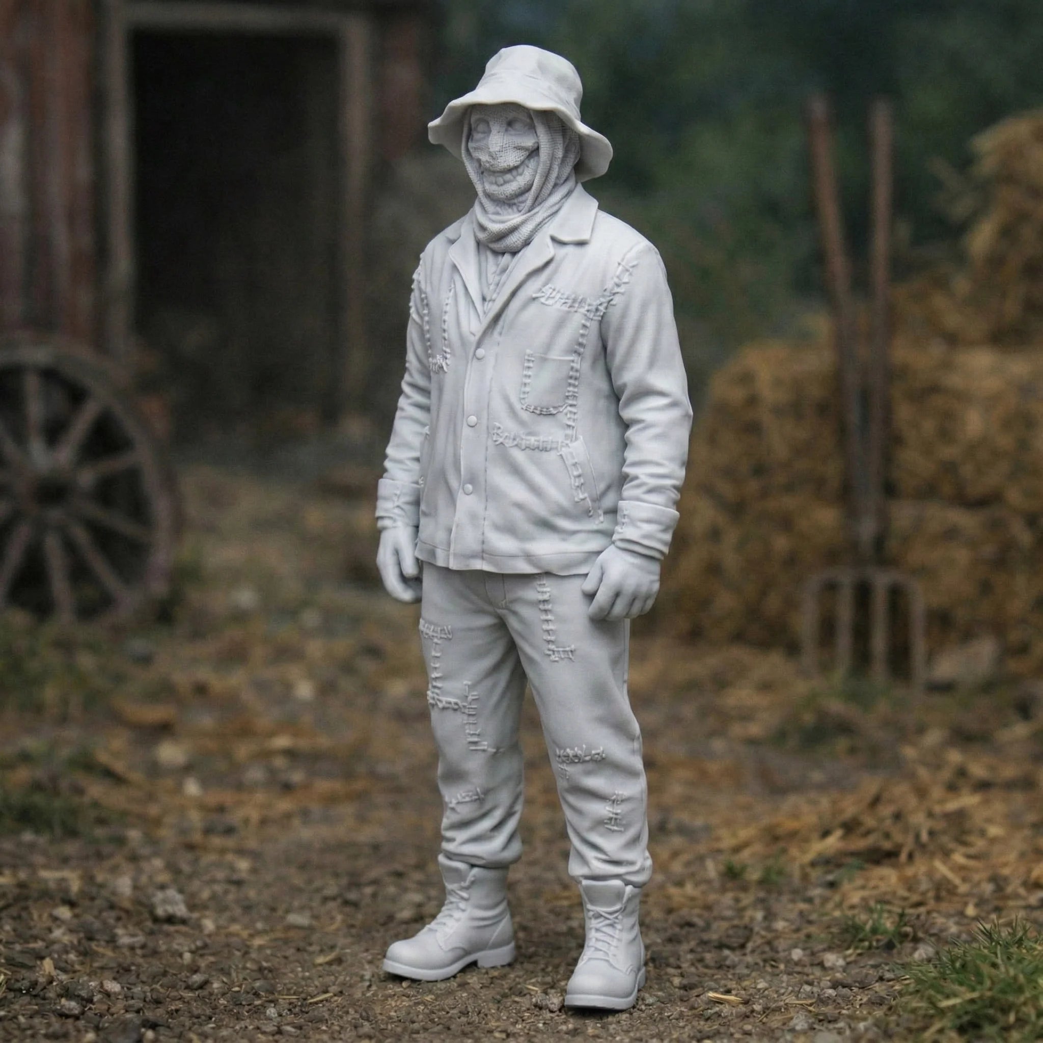Terrifying Rural Scarecrow in Distressed Denim | Scale Resin Farm Diorama Figurine