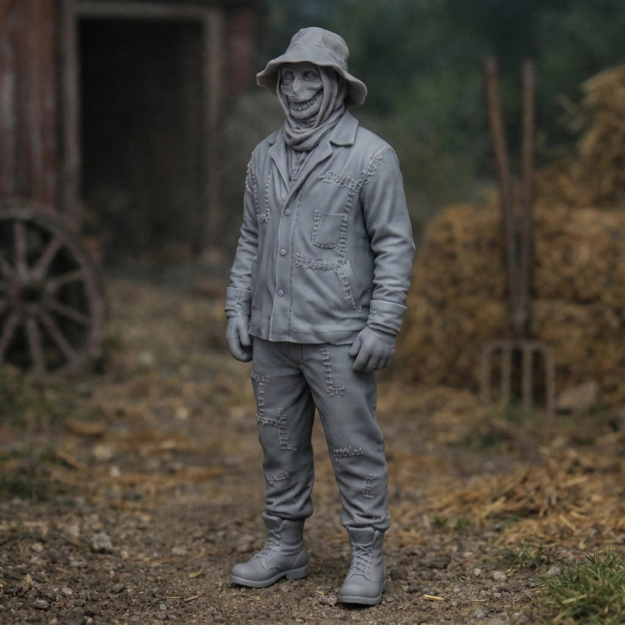 Terrifying Rural Scarecrow in Distressed Denim | Scale Resin Farm Diorama Figurine