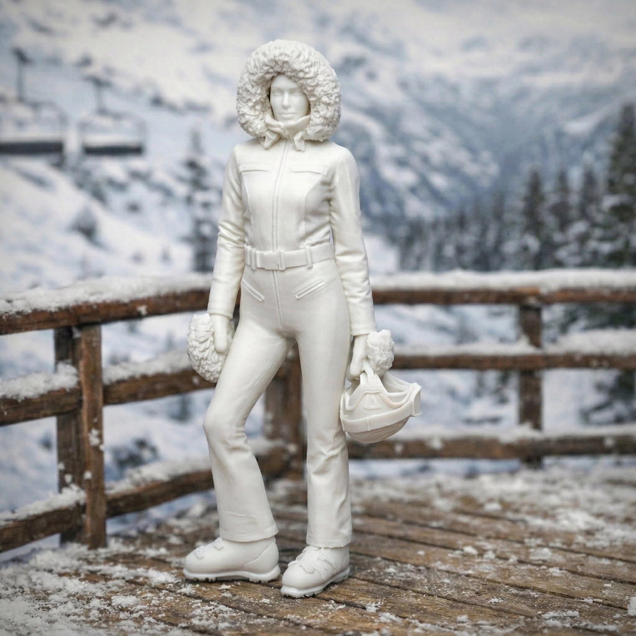 Professional Skier in One-Piece Suit with Fur-Trimmed Hood | Resin Figurine
