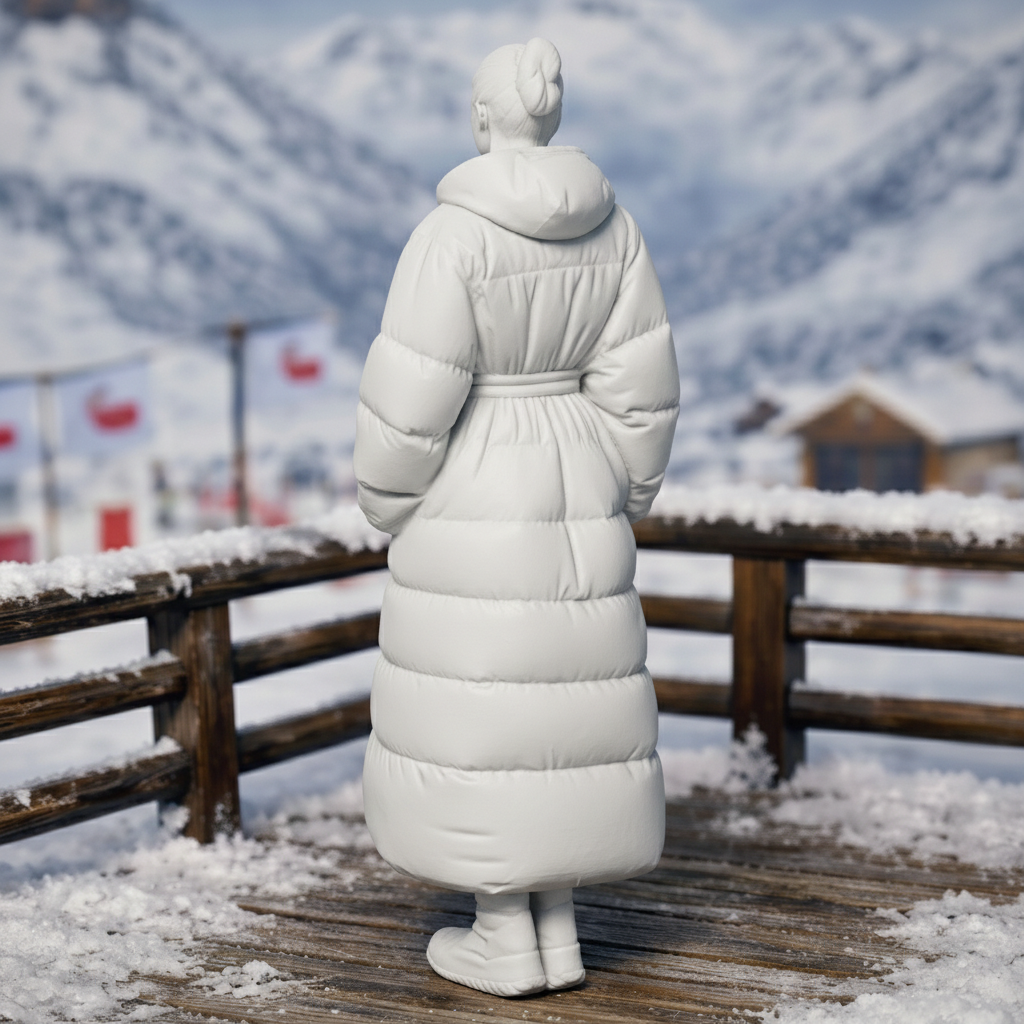 High-Fashion Tourist in Belted Maxi Puffer Coat | Resin Figurine