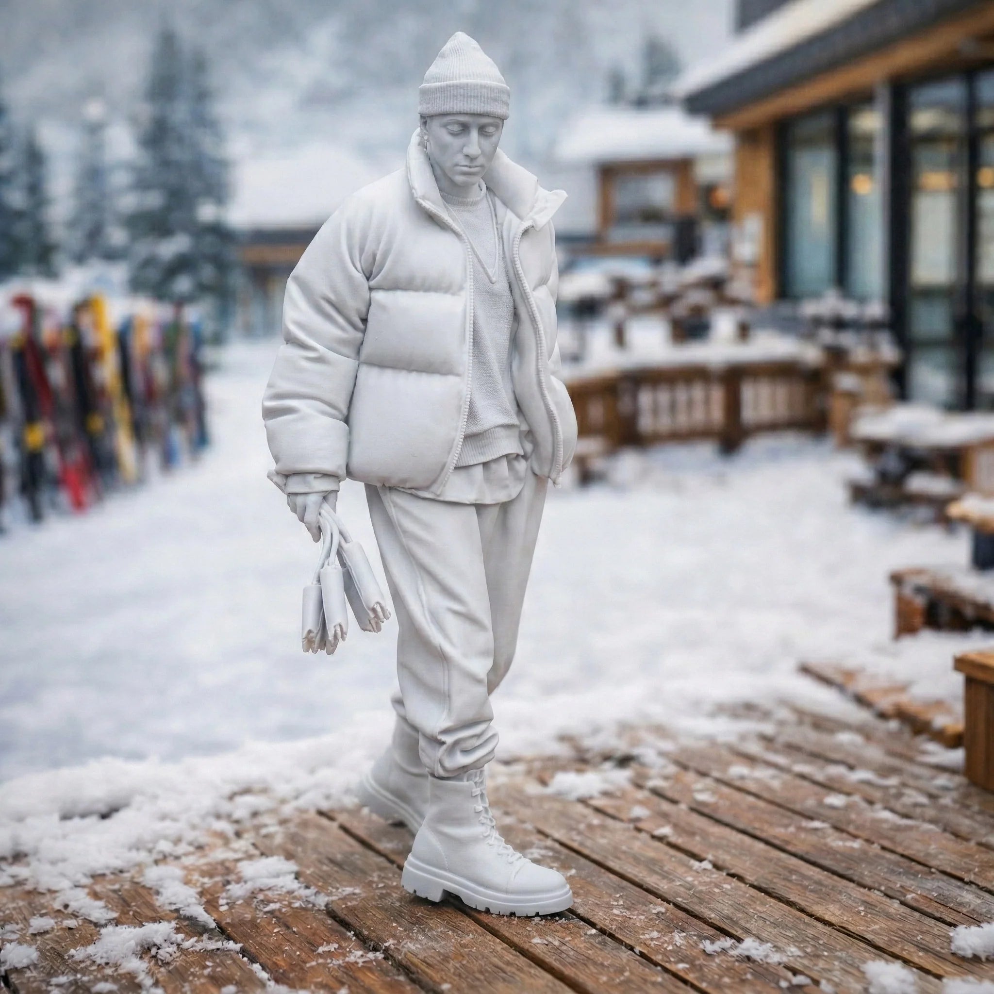 Professional Mountain Coach in Monochromatic Puffer Gear | Resin Figurine